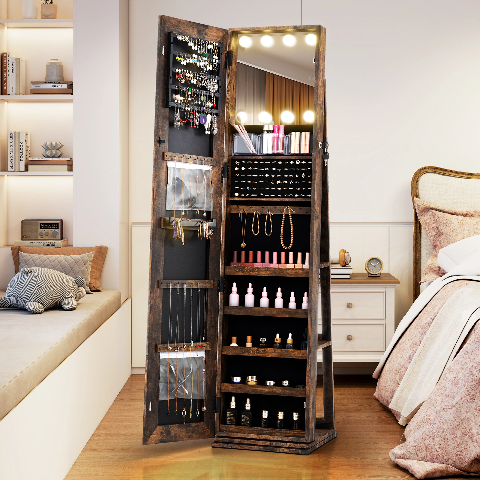 LJG 360° Swivel Freestanding Jewelry Cabinet with Lighted Full Length Mirror