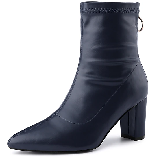 BLISSFUL STEP Women Pointy Toe Back Zip Chunky Heel Ankle Boots