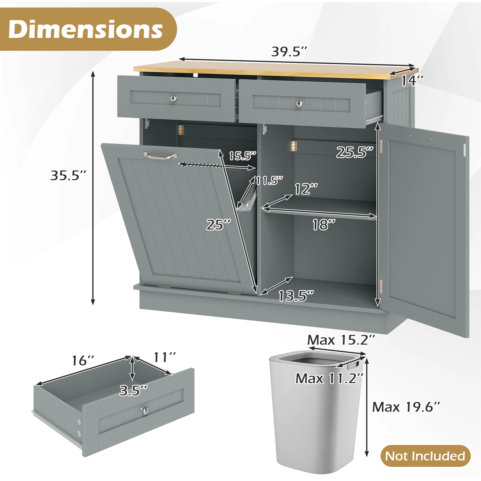Glintex 39.5-Inch Tilt-Out Trash Cabinet with Pine Wood Countertop