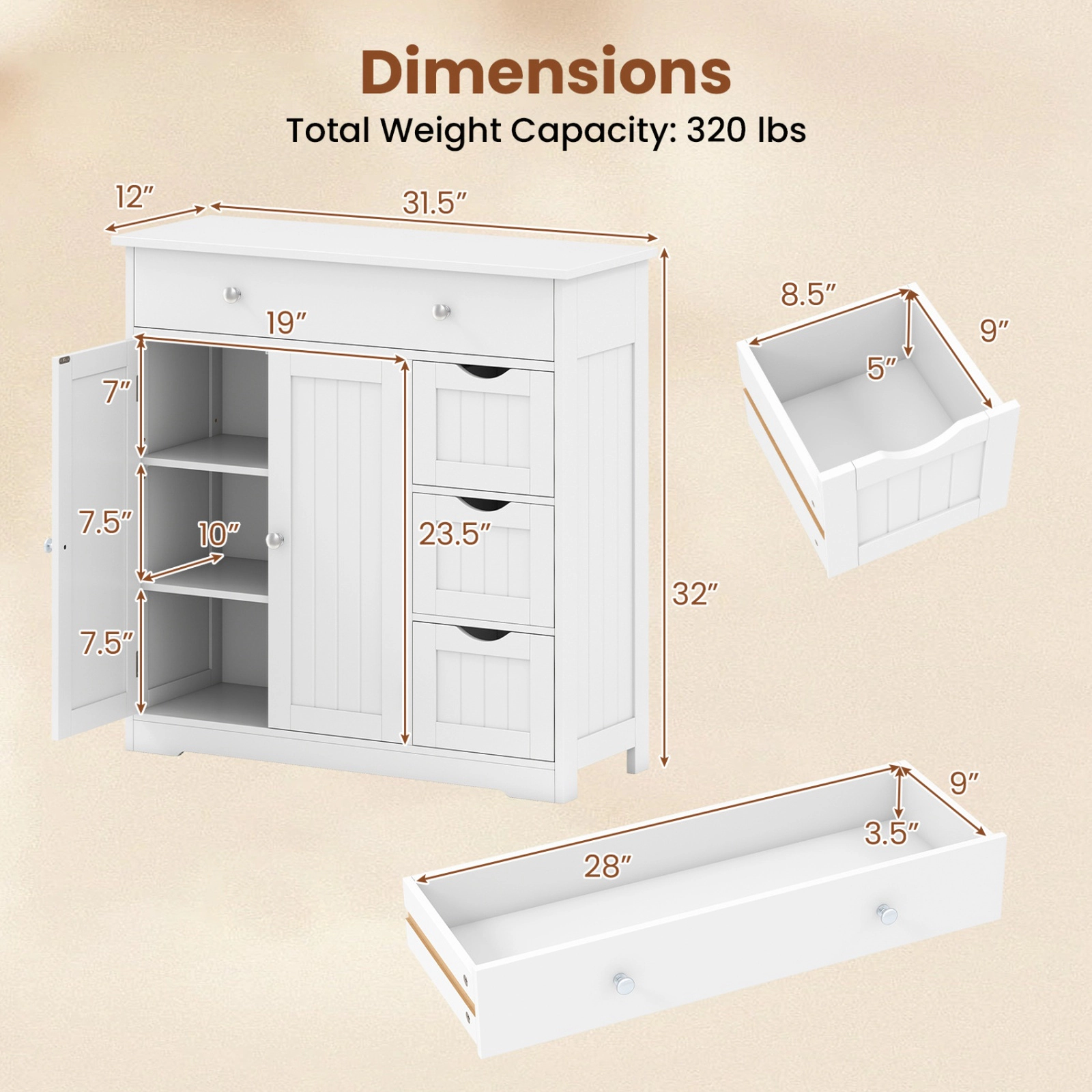 SUGIFT White 320-lb Capacity 4-Drawer 2-Door Bathroom Floor Storage Cabinet with Fixed and Adjustable Shelves