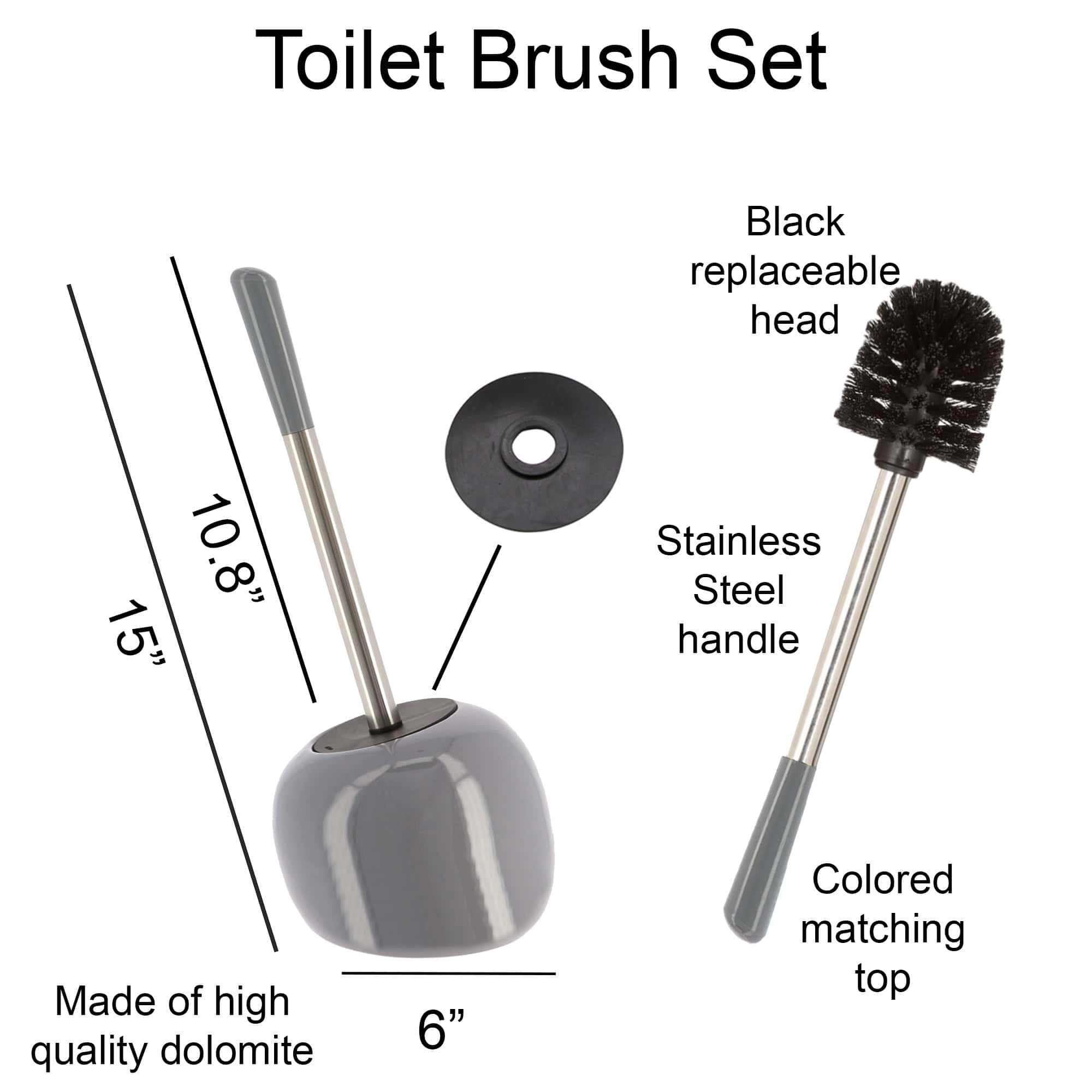 Evideco French Home Goods Glazed Dolomite Toilet Brush and Holder Set, Stainless Steel Handle