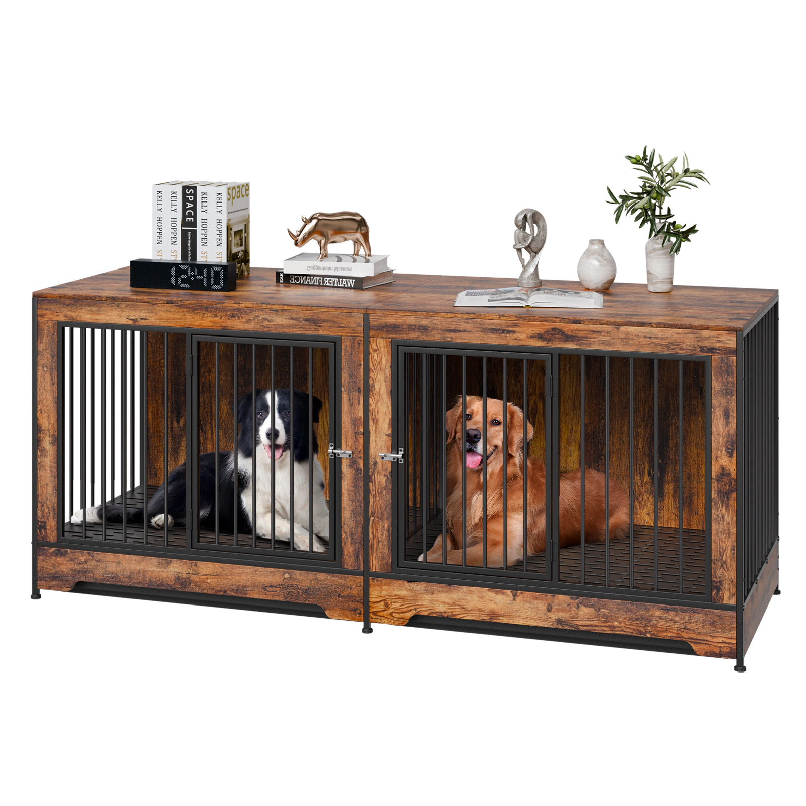 HONGGE 75 in Wooden Dog Crate Furniture with Divider for 2 Dogs, Double-Door TV Stand & End Table, Brown