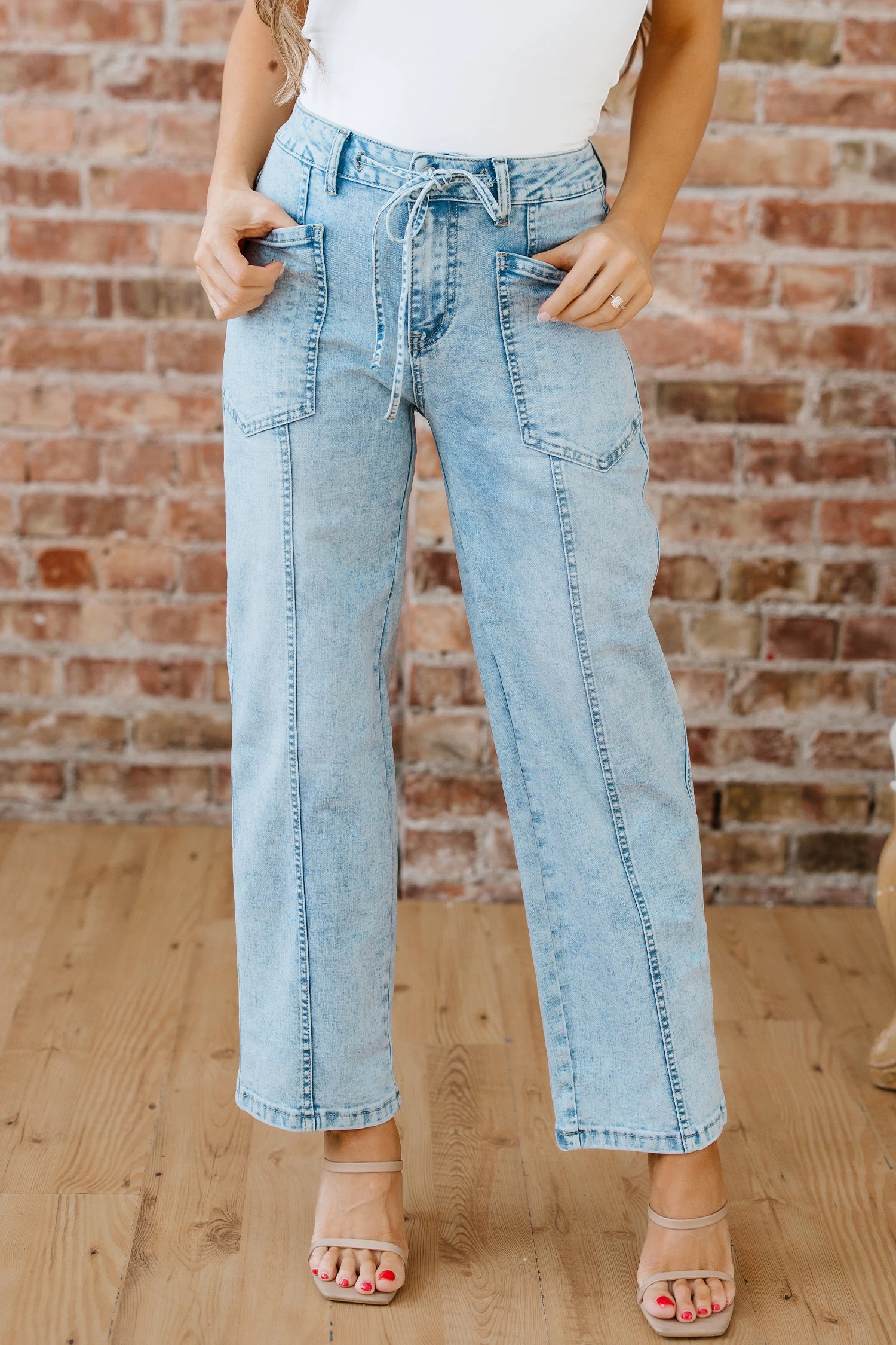 Threaded Pear Women's Ivory Detail Drawstring Barrel Jeans