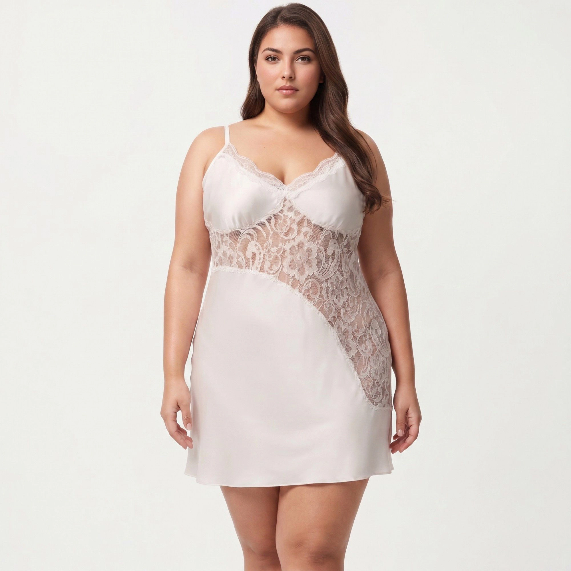 Anna-Kaci Women's Plus Lace Panel Chemise Slip Dress Adjustable Strap Sleepwear