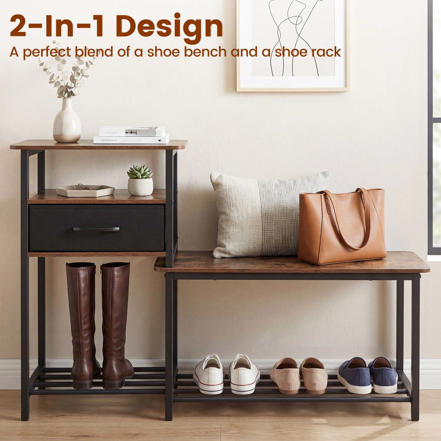 SlickBlue Industrial Shoe Rack Bench with Storage Drawer and Shelves