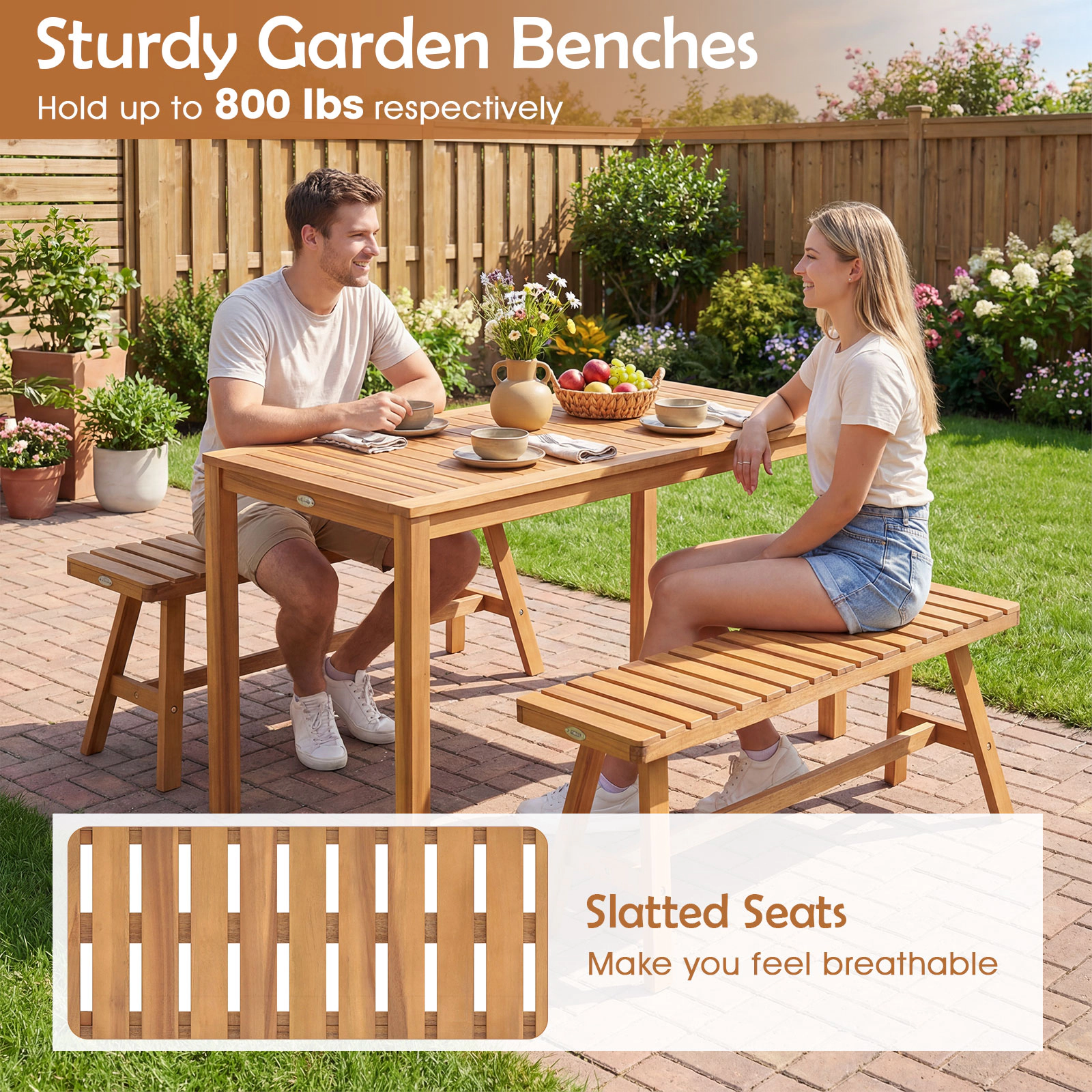 SUGIFT Set of 2 Natural Acacia Wood Backless Benches, 42 in, Outdoor Patio, Balcony, Garden
