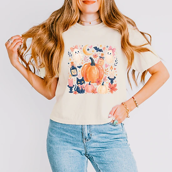 Simply Sage Market - Women's Boxy Crop Top Graphic T-Shirt - Coquette Halloween Floral