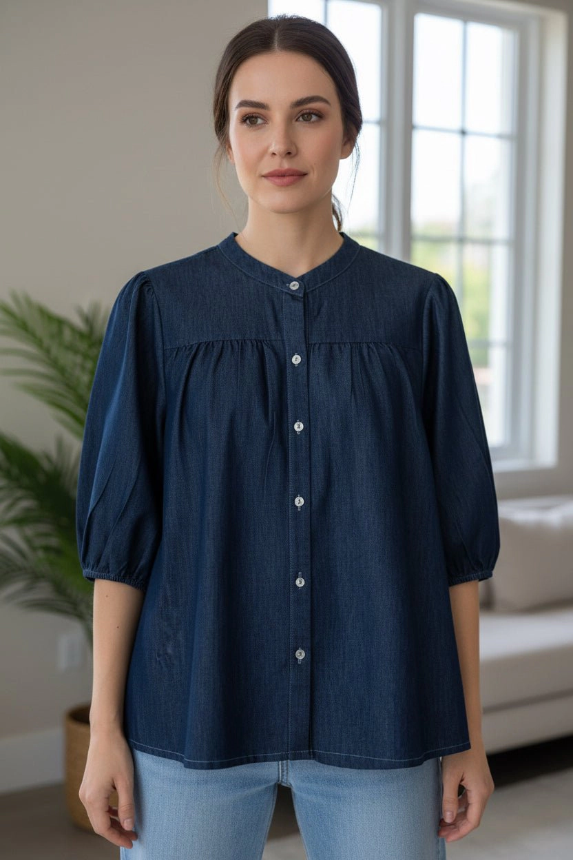 DressAtR Women's Navy Blue Denim Three Fourth Sleeve Button Front Blouse