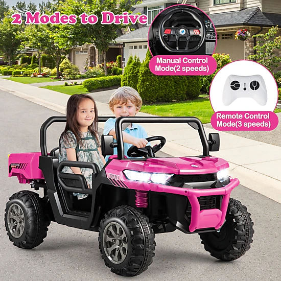 Costway 24V Ride on Dump Truck Electric 2-Seater Kids UTV w/Dump Bed & Bight Lights and Remote Control Red