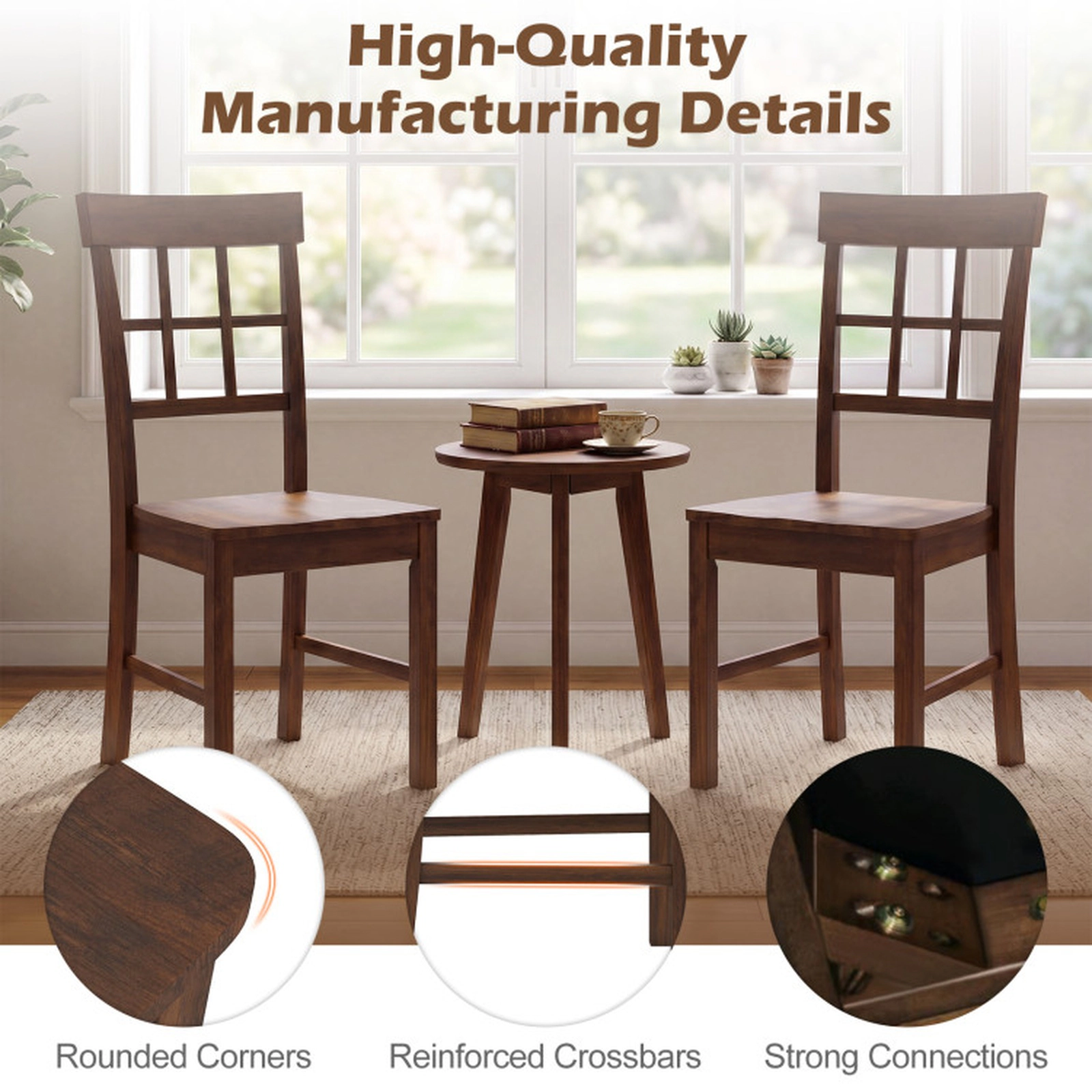 SUGIFT Set of 2 Dark Brown Solid Rubber Wood Lattice Back Dining Chairs