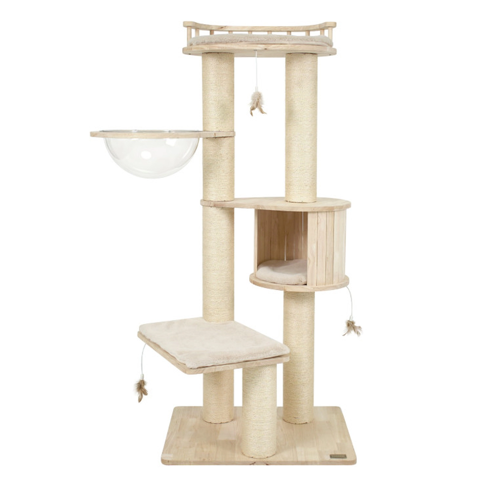 SUGIFT Multi-Level Rubber Wood Cat Tree with Top Perch Condo and 3 Hanging Feather Toys 35-lb Capacity Beige