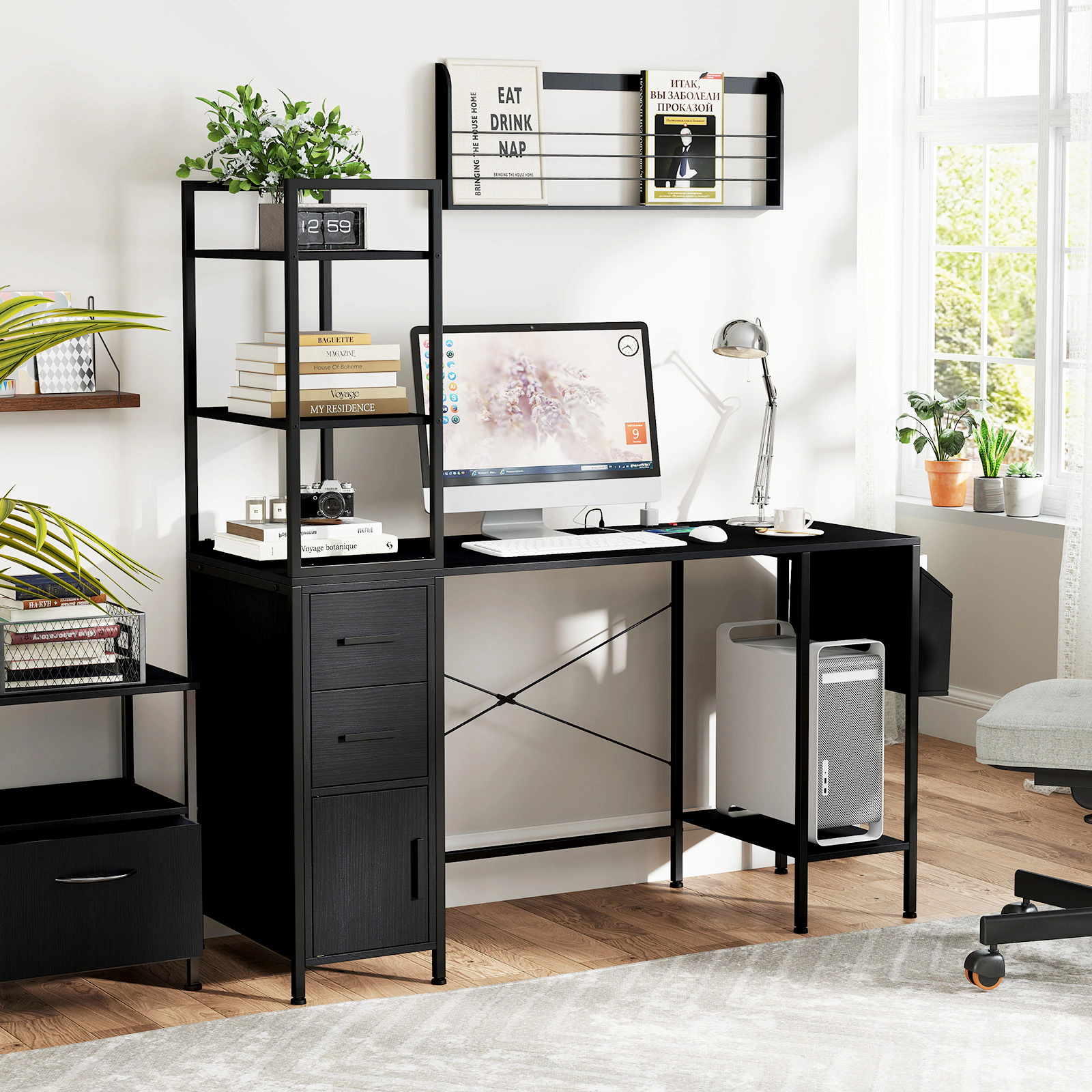 LJG Office Desk with LED Lights and Power Outlets Computer Desk with Open Shelves