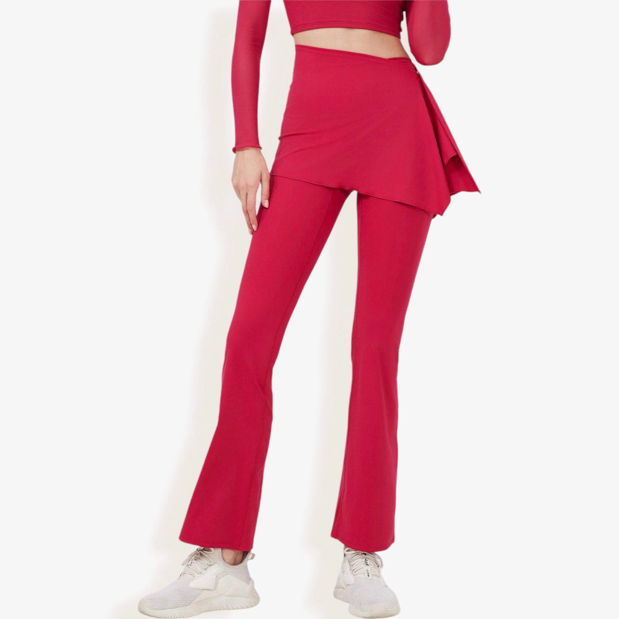 Anna-Kaci Women's High-Waist Flare Pants with Layered Skirt Overlay Fitted Athletic