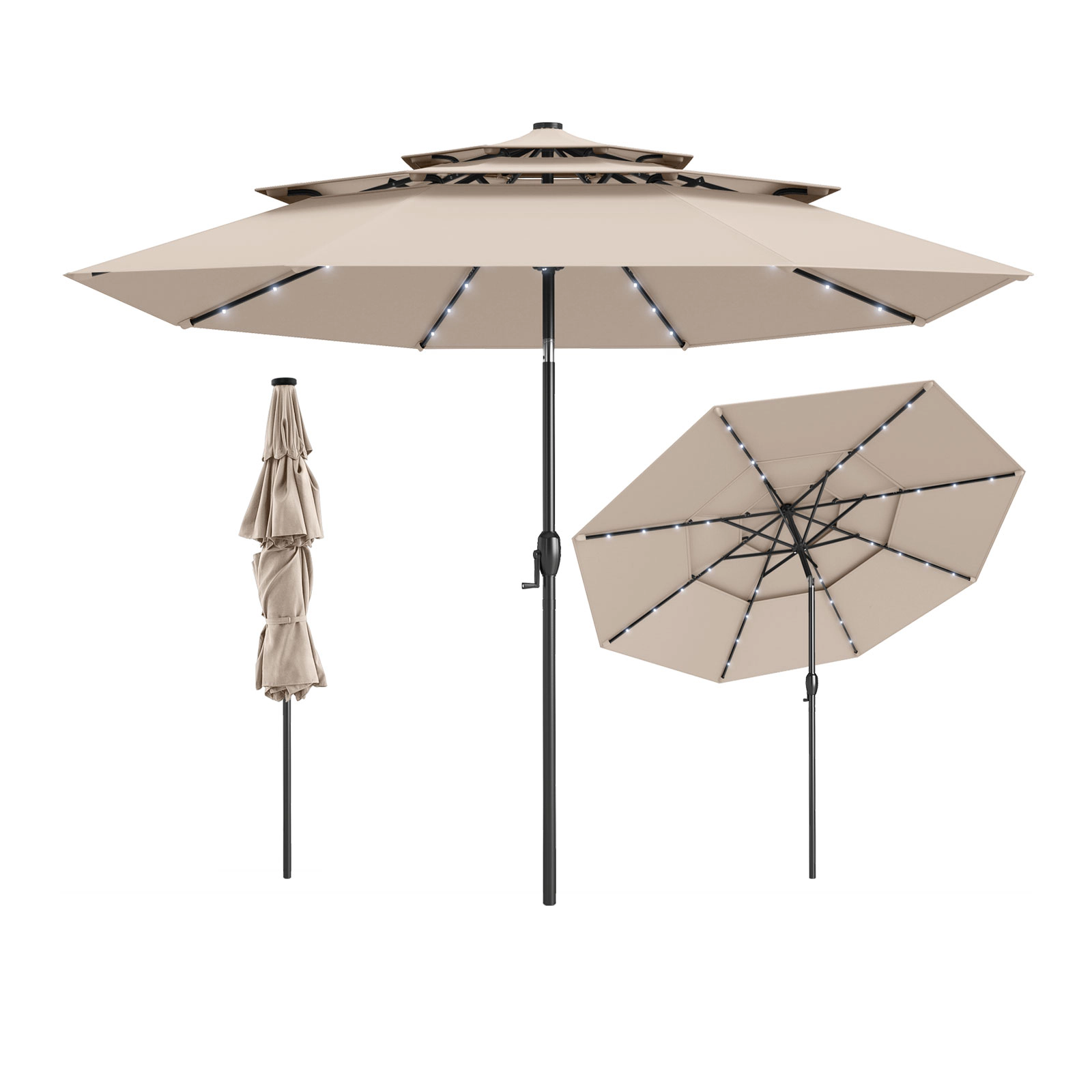 SUGIFT 3-Tier Vented Solar Patio Umbrella with 32 LED Lights 10.3 x 8.2 in Canopy 10-ft Interior Diameter Beige