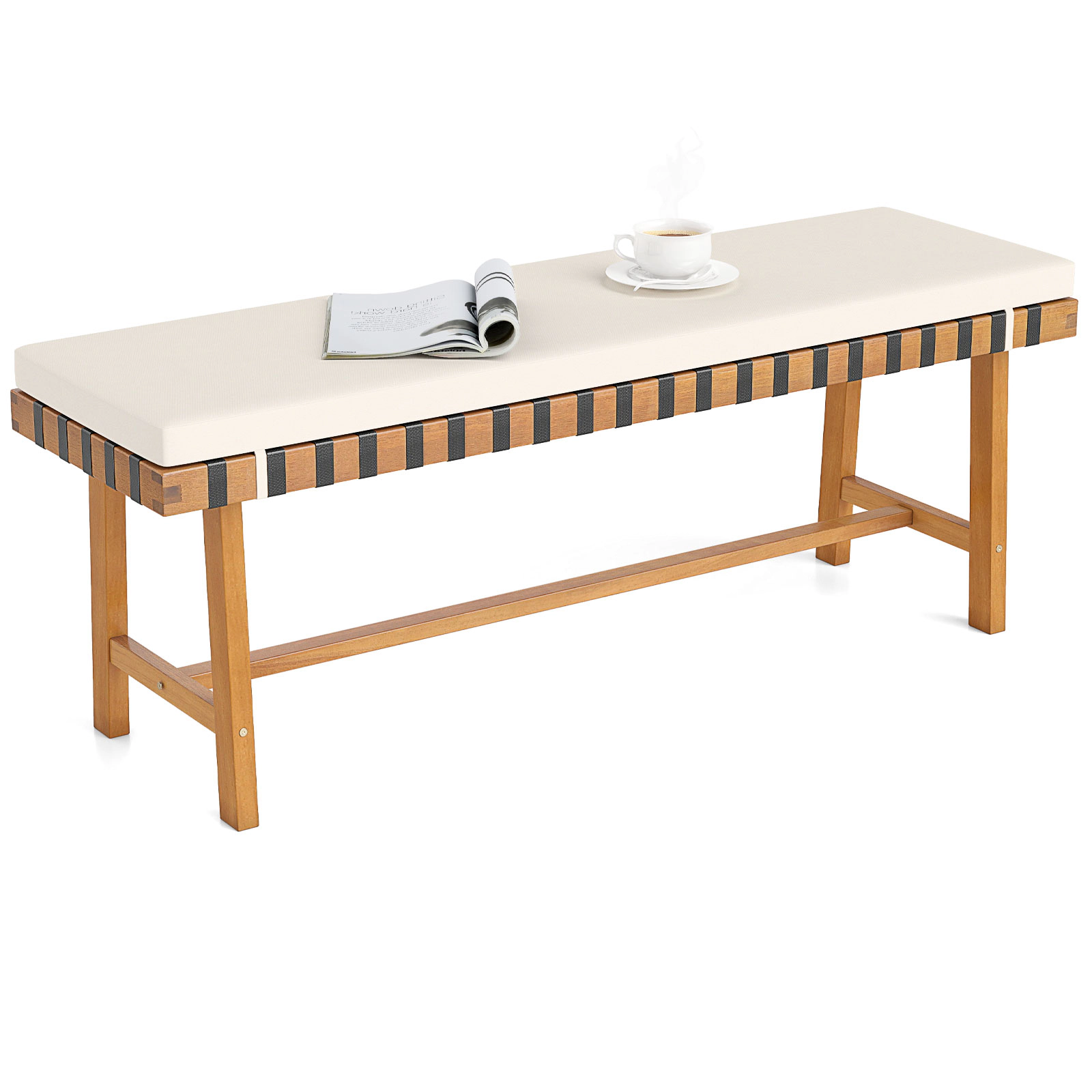 SUGIFT Acacia Wood Outdoor Bench with Woven Rope Seat and Thick Padded Cushion 800-lb Capacity Natural+Off White