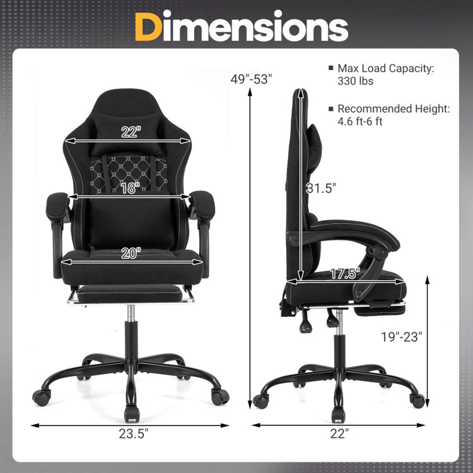 SUGIFT Black Ergonomic High-Back Gaming Chair with Footrest