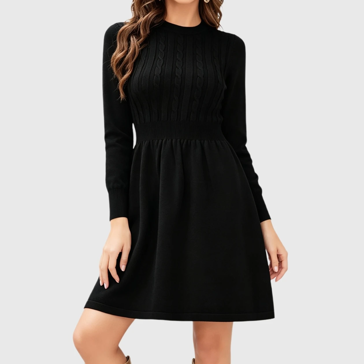 YesFashion Women Sweater Dress Long Sleeve Crewneck High Waist A-Line Knitted Cute Mini Dresses
