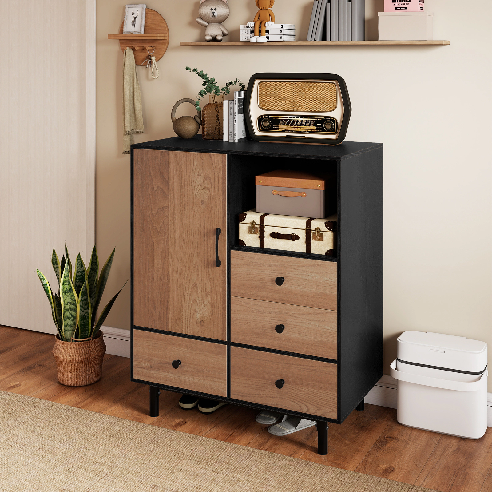 Glintex 38.5-Inch Mid-Century Sideboard with 4 Drawers and Open Display Bay