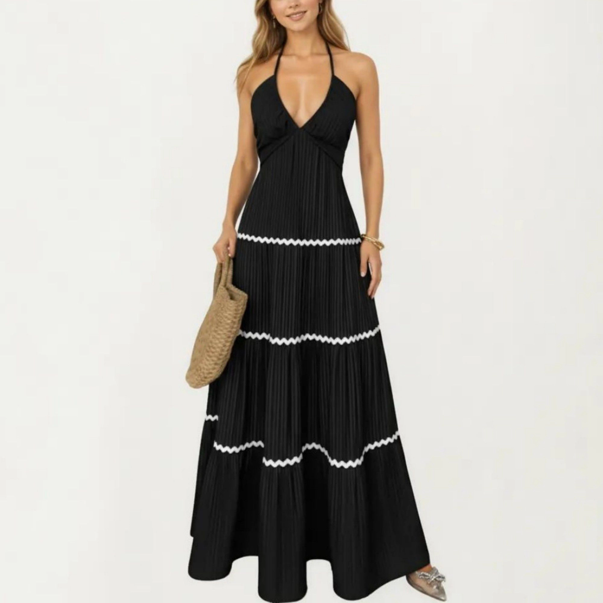 Anna-Kaci Womens Sleeveless Halter Neck Pleated Maxi Dress with Tiered Skirt
