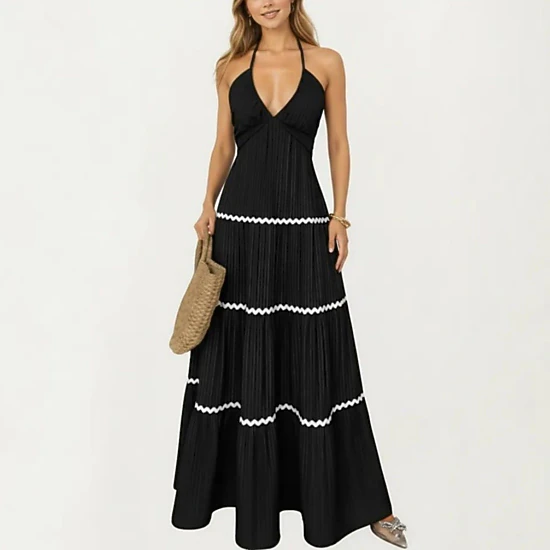 halter dress jcpenney Anna-Kaci Womens Sleeveless Neck Pleated Maxi with Tiered Skirt, Color: Black LowStock:43446246801459