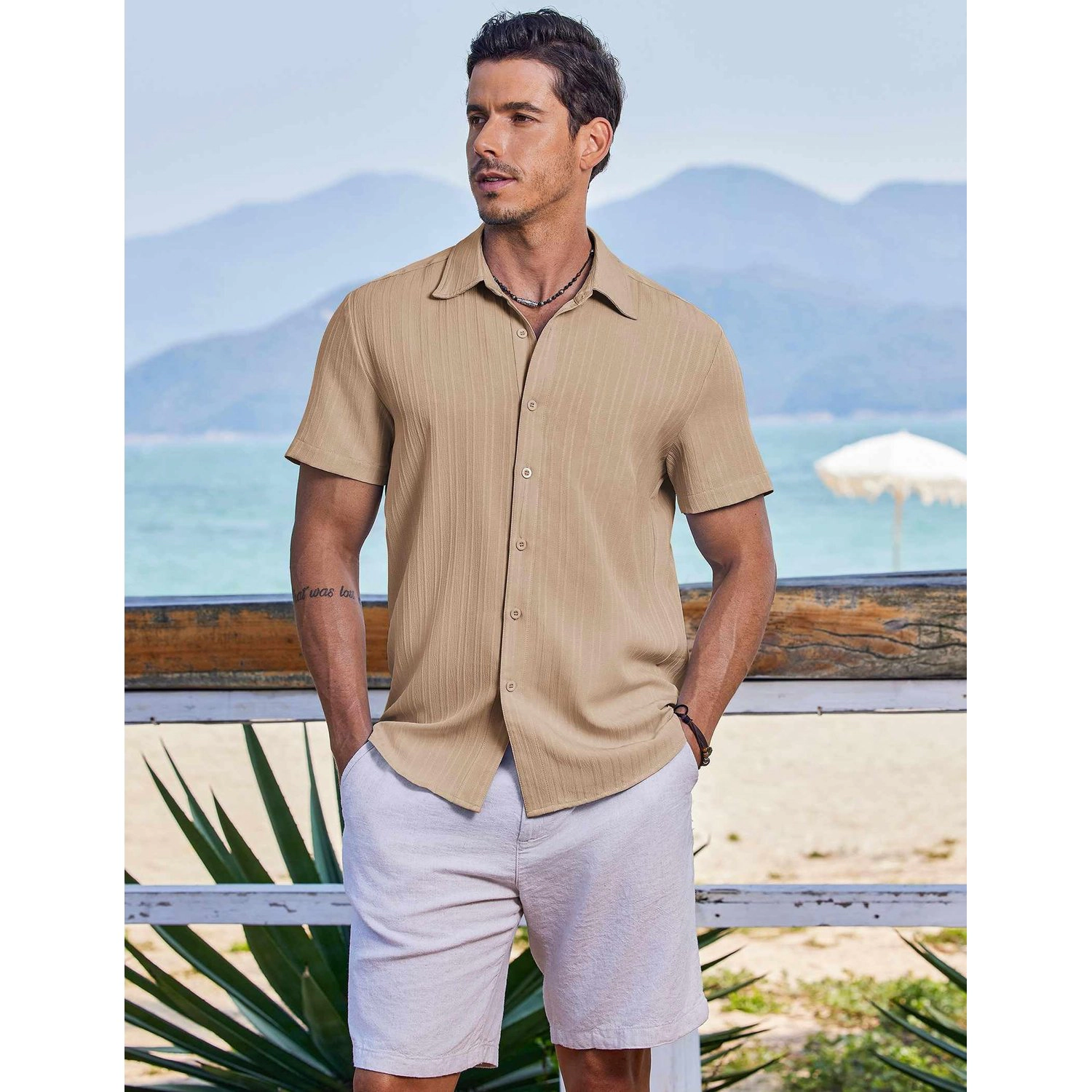 COOFANDY Mens Casual Short Sleeve Button Down Shirt Textured Collar  Tops