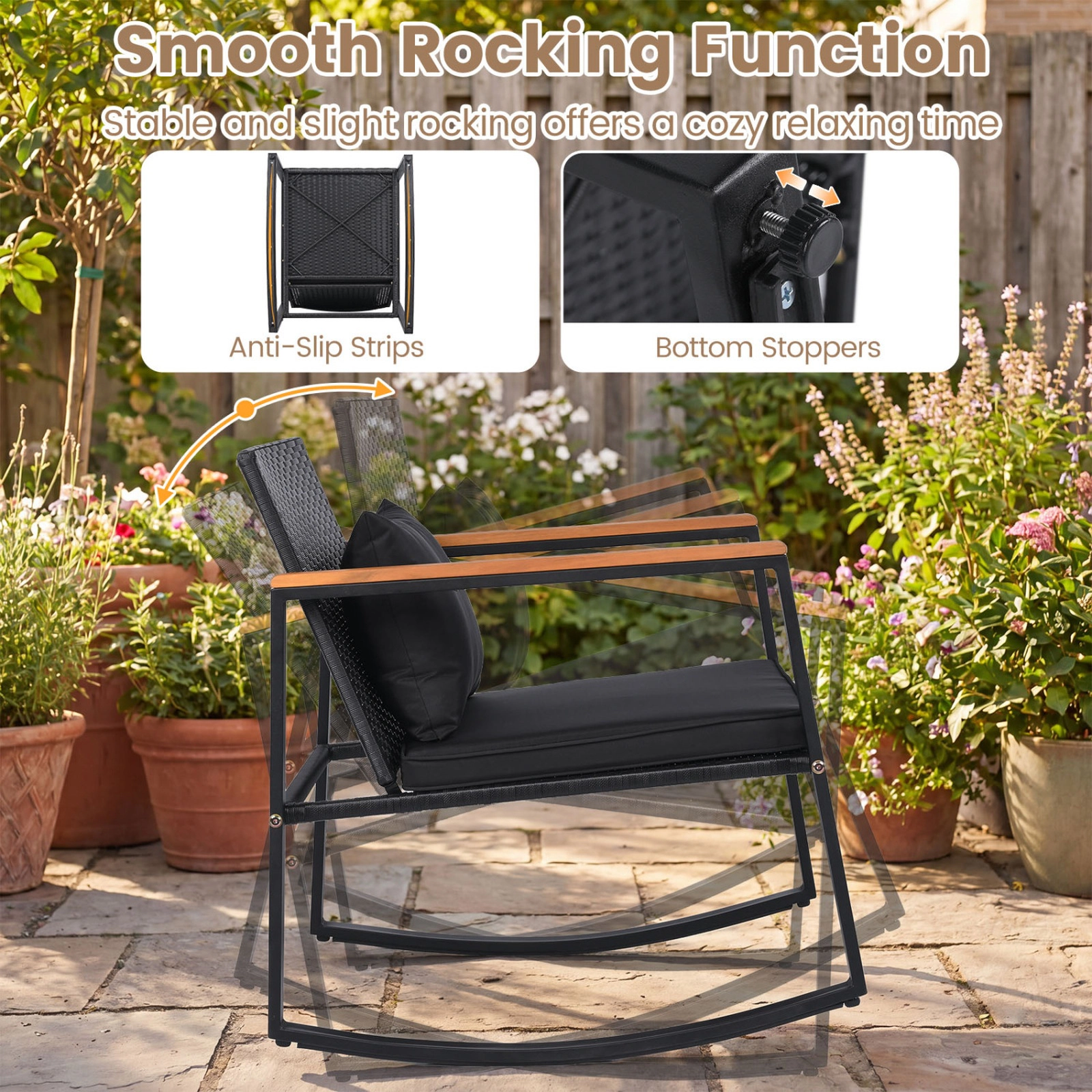 SUGIFT Outdoor Rocking Bistro Set with Cushions & Tempered Glass Table 397-lb Chair Capacity 99-lb Table Capacity Black