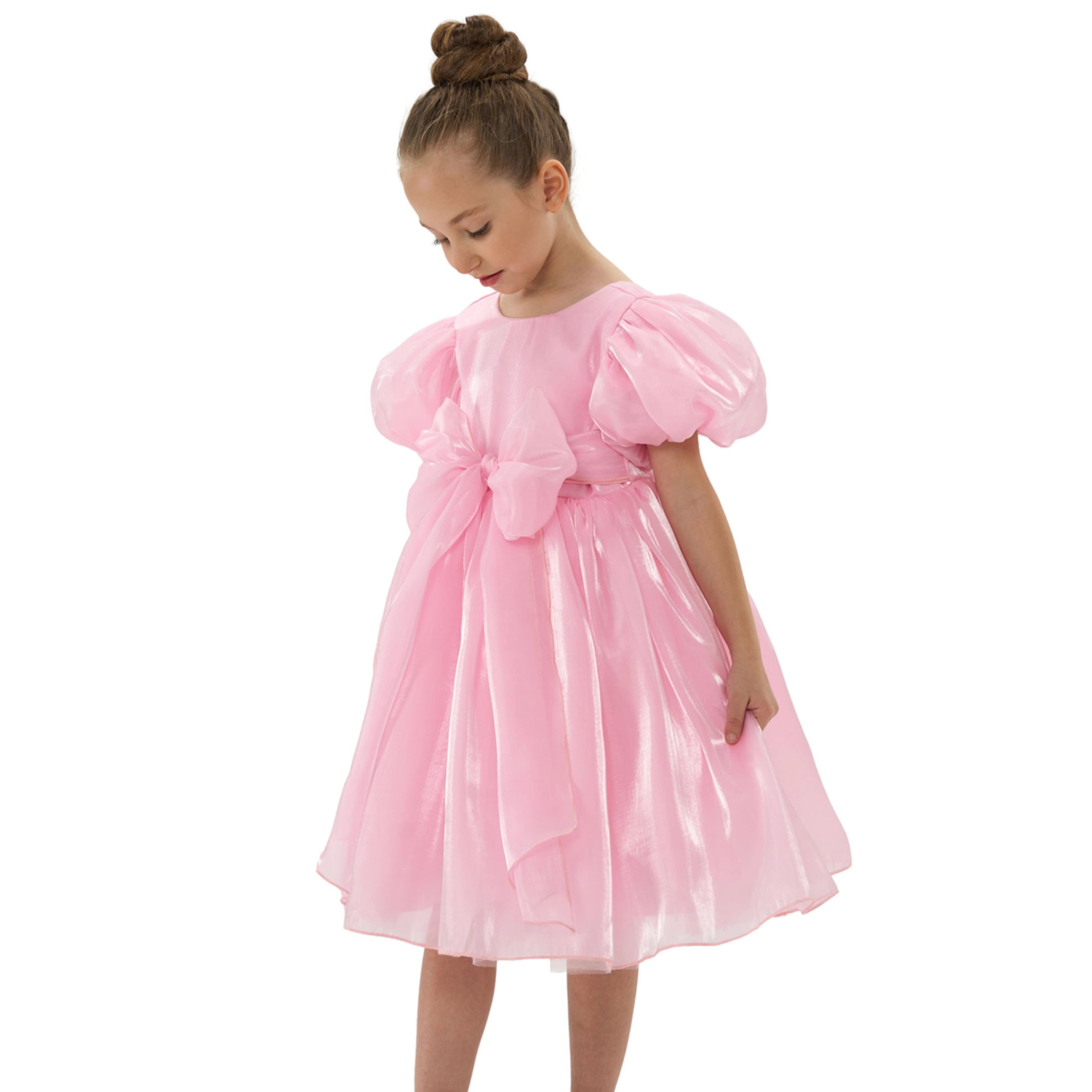 2Bunnies Girls' Glossy Organza Puff Sleeve Fit & Flare Bow Party Dress