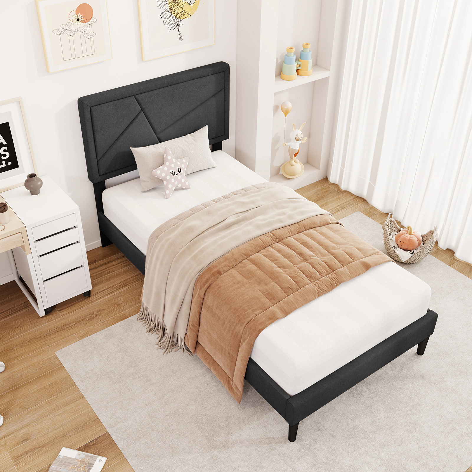 SUGIFT Twin Upholstered Platform Bed, Gray Faux Linen, 44-Inch Headboard