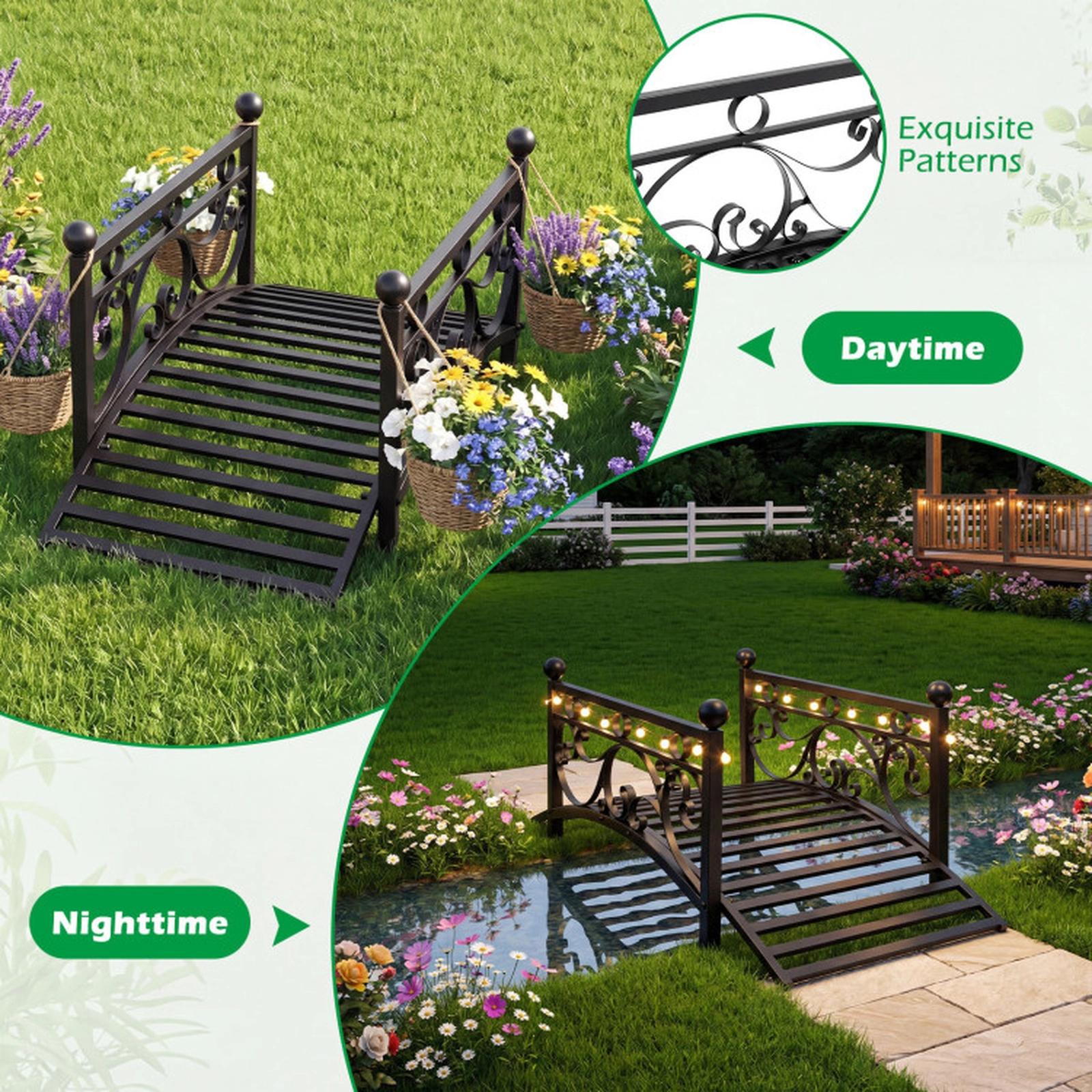 SUGIFT 40-in Arched Garden Metal Bridge Yard Art with Dual Patterned Side Rails 330-lb Capacity Black Metal 1-Piece