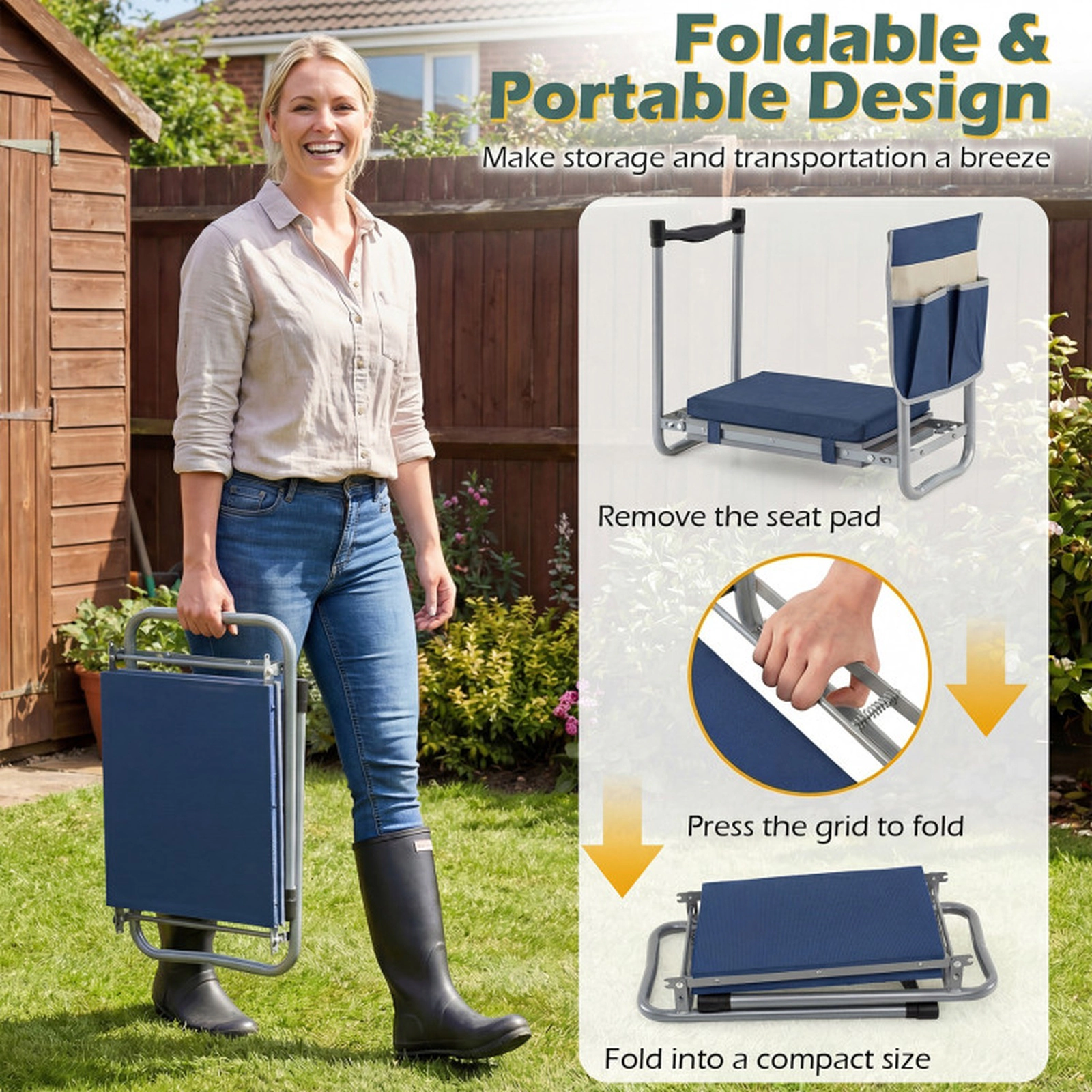 SUGIFT Folding Garden Kneeler and Seat, 350 lb Capacity, Navy