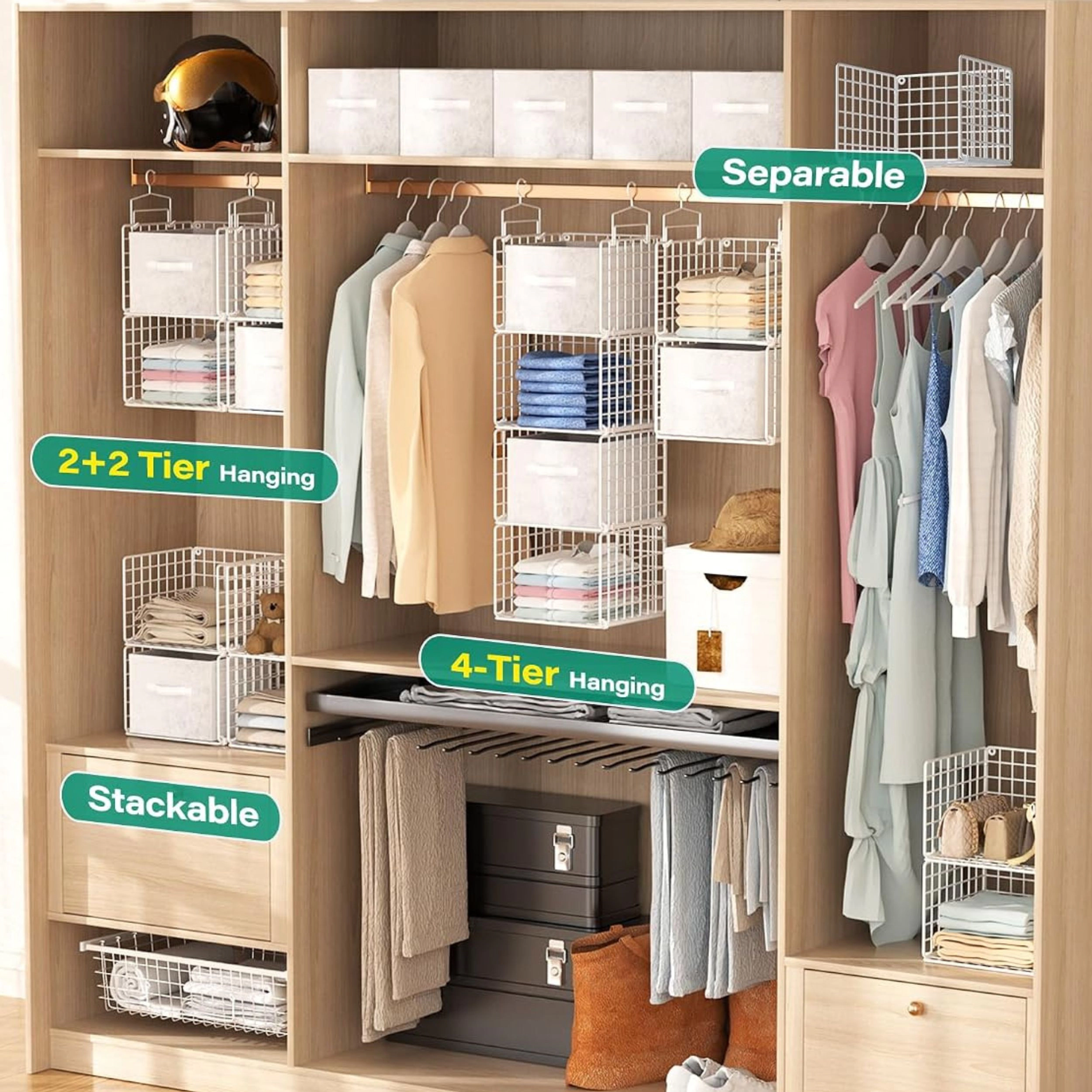 Stock Preferred Metal Hanging Closet Organizer with Drawers and Hooks Wire Storage Shelf for Clothes