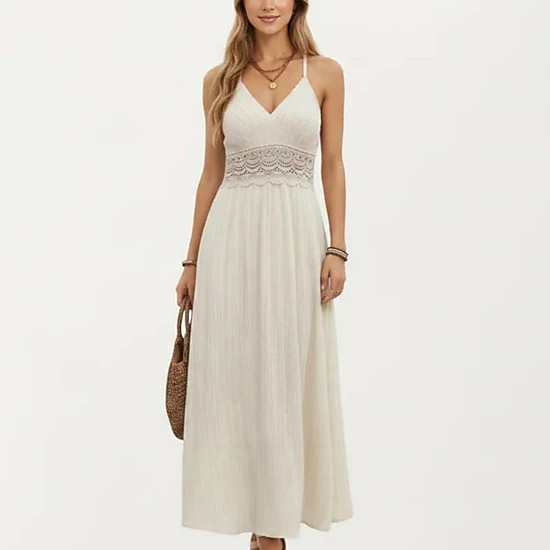boho crochet lace dress Anna-Kaci Women's Inset Keyhole Back Maxi Dress, Color: Light Beige Style:EM70116BK quality photos of my Provider_Ashley Boho Polka Dot Tulle