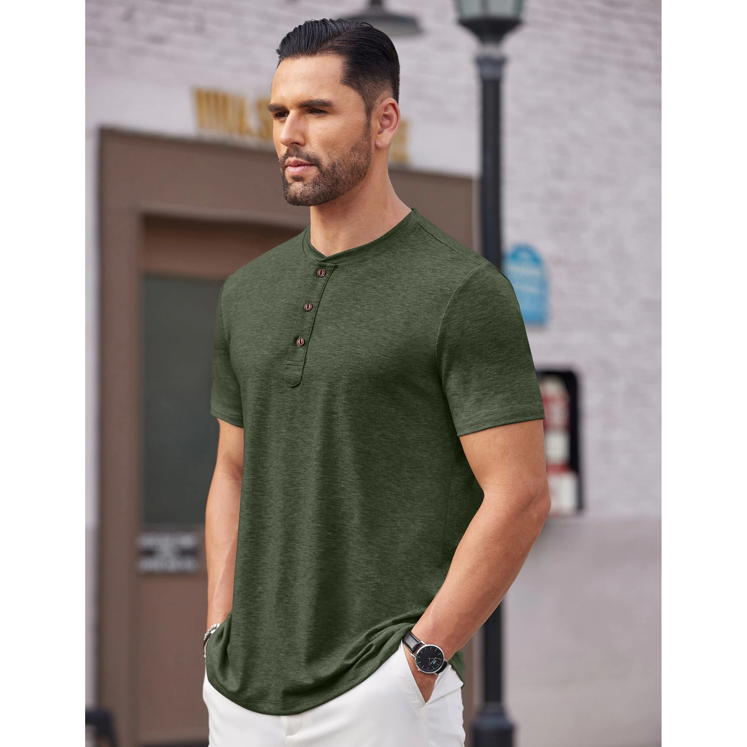COOFANDY Mens Casual Short Sleeve Henley Shirt  Button Placket Crew Neck Tees