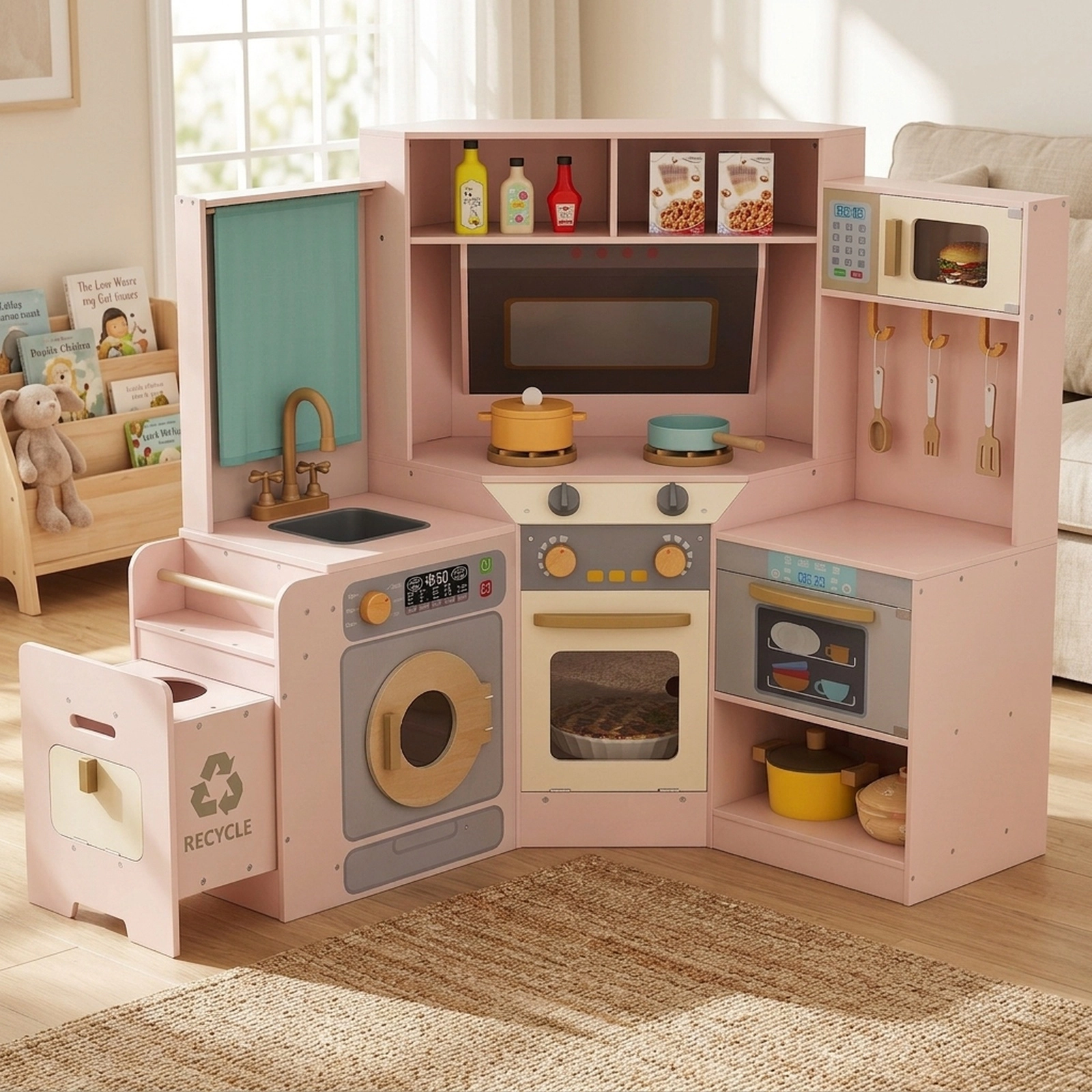 Corner Kids Play Kitchen with Pull-Out Trash Can Lighted Stoves Dishwasher and Curtain 46-in x 23-in x 37-in Pink
