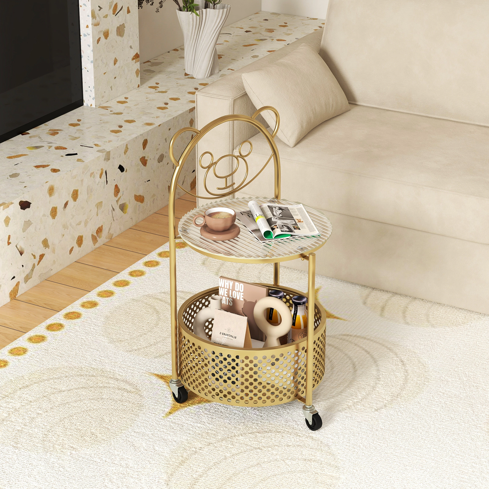 Glintex Round Tempered Glass Side Table with Bear Pattern and Lockable Wheels