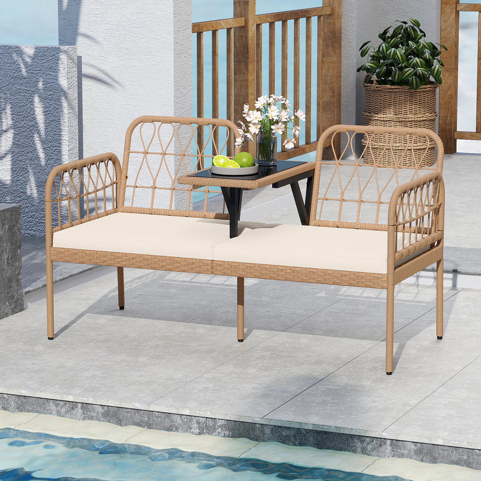 LJG 2-Seat PE Rattan Outdoor Loveseat with Built-in Coffee Table and Soft Cushions