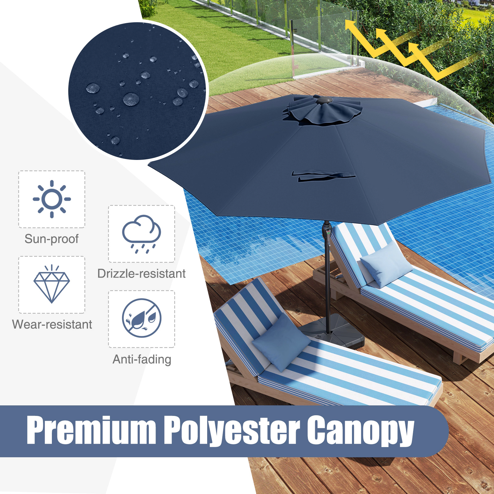 SUGIFT 8.5-ft Navy Blue Market Patio Umbrella, Crank Lift, 8 Ribs, Vented Canopy
