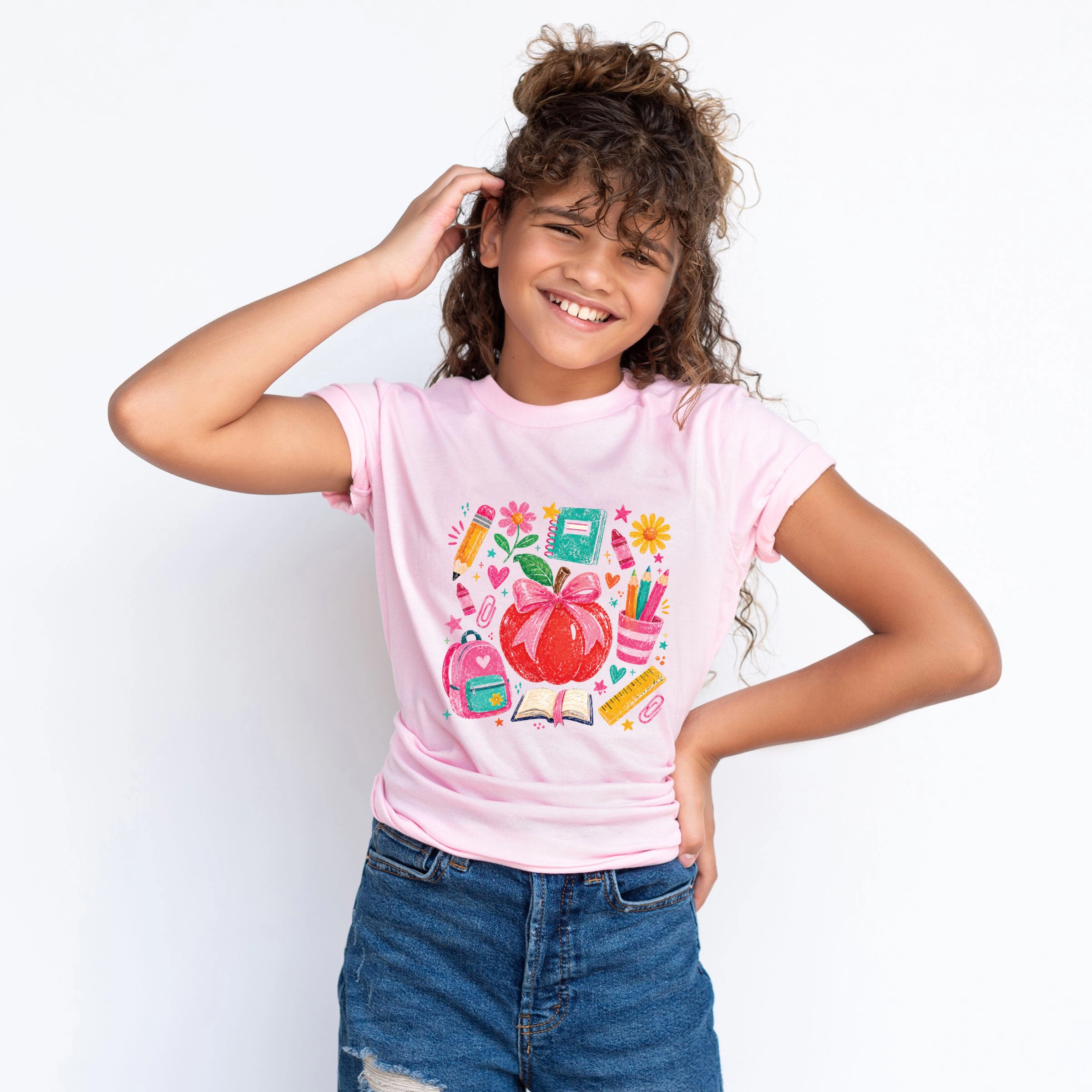 The Juniper Shop - Youth Short Sleeve Graphic T-Shirt Back to School Apple and Supplies