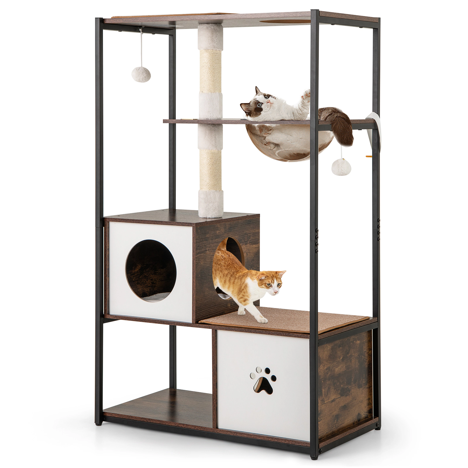 Glintex 52-Inch Metal Frame Cat Tree with 2 Condos Space Capsule and Top Cat Hole, Coffee