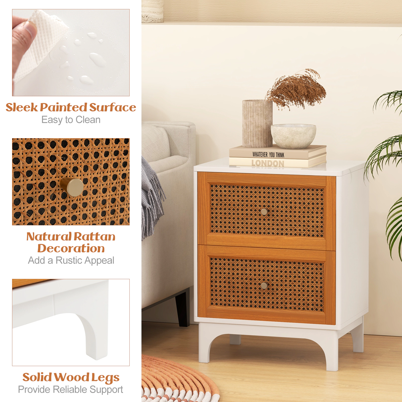 SUGIFT Boho Accent Table Nightstand with Rattan Drawers 23.5-in Tall White + Brown