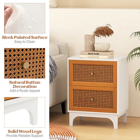 SUGIFT Boho Accent Table Nightstand with Rattan Drawers 23.5-in Tall White + Brown