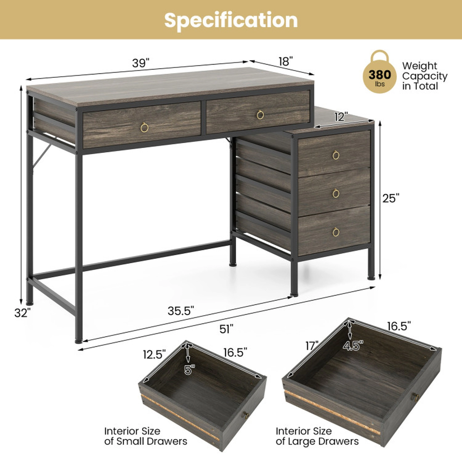 SUGIFT 51-in Computer Desk with 5 Drawers and Side File Cabinet 380-lb Capacity Home Office Desk Gray & Black