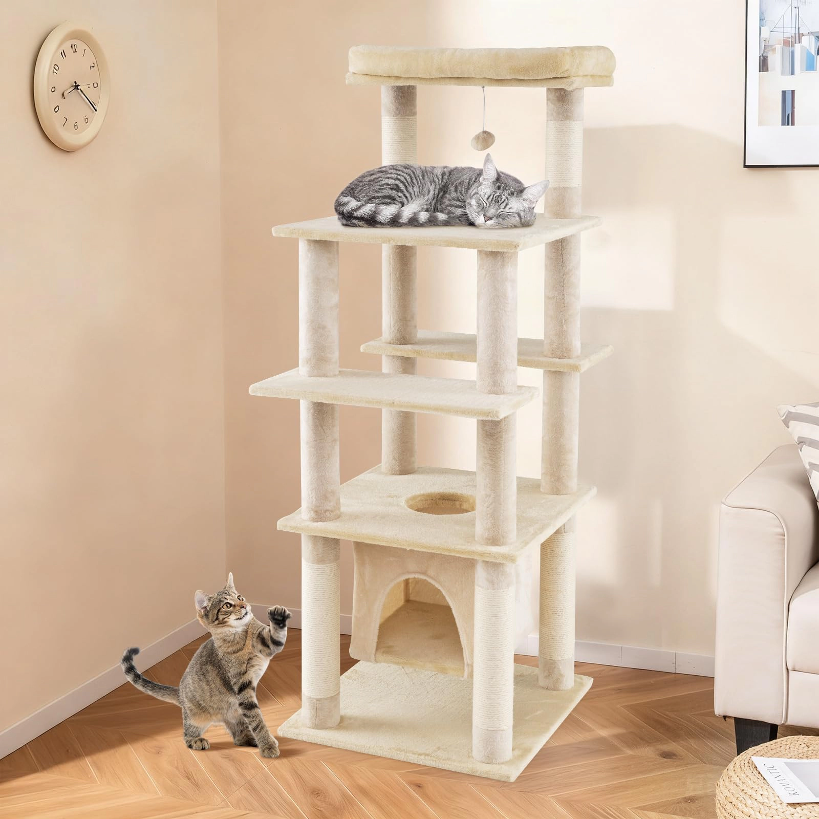 Glintex 58-Inch Cat Tree with Swaying Aerial Condo and 6 Scratching Posts