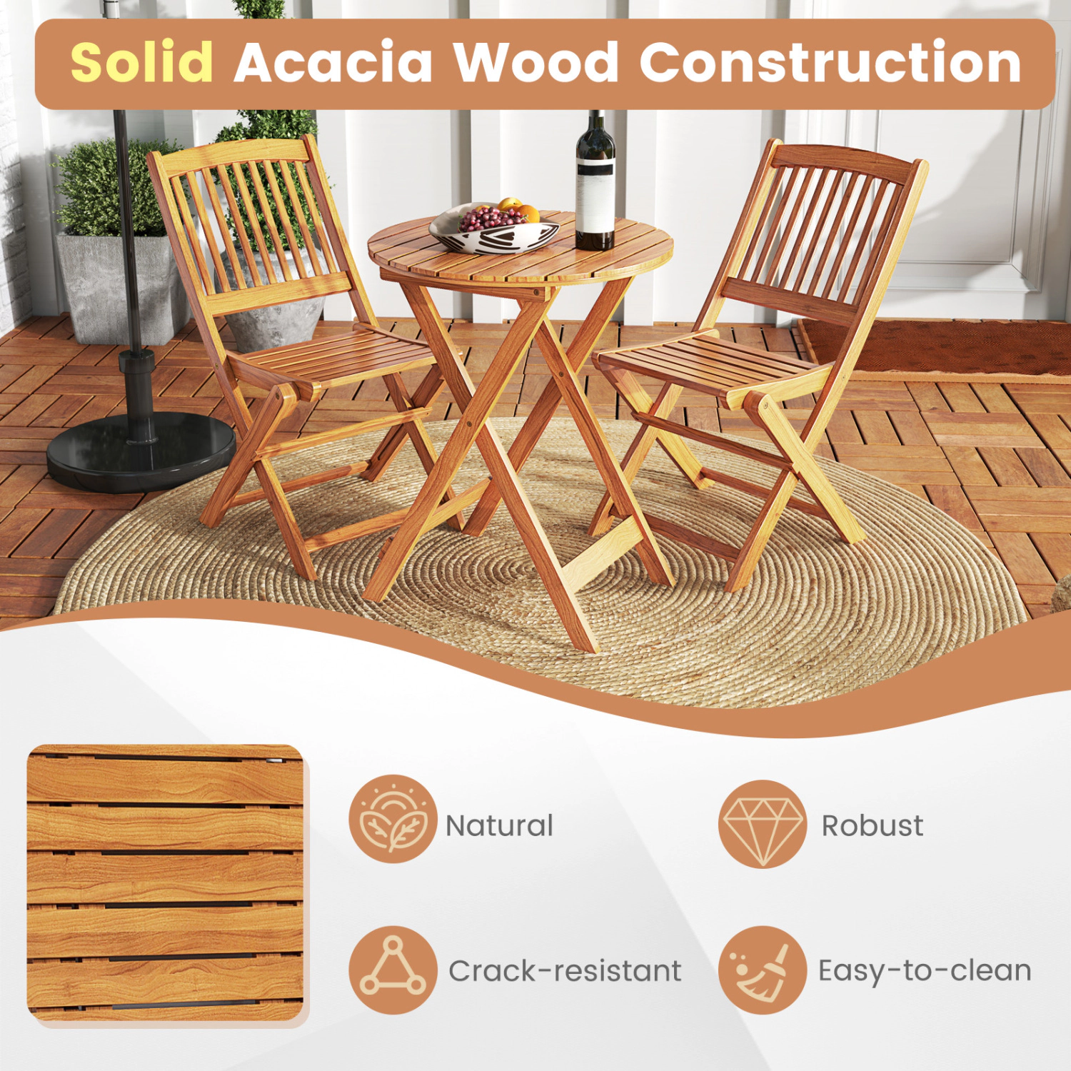 LJG 3 Pieces Acacia Wood Patio Folding Bistro Set with Soft Cushions