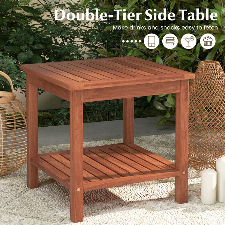 Hivvago Double-Tier Acacia Wood Patio Side Table With Slatted Tabletop And Shelf