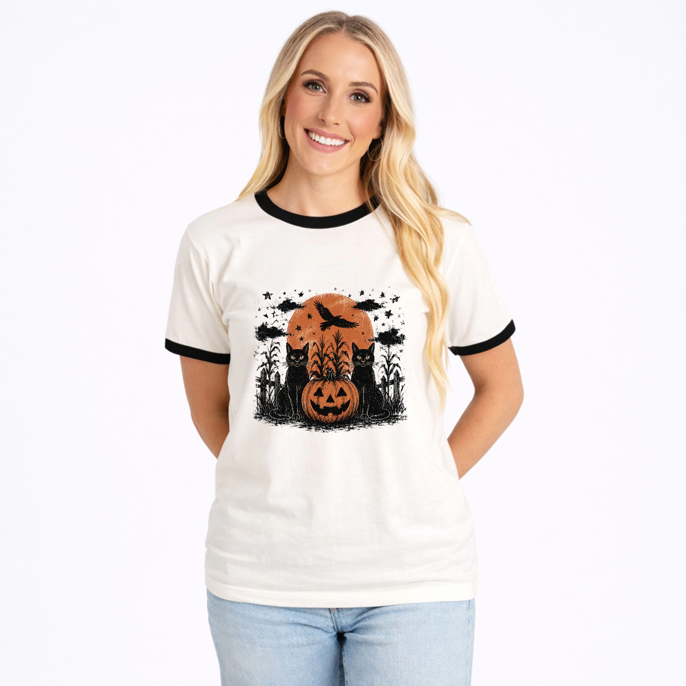 Simply Sage Market - Women's Ringer Graphic T-Shirt Black Cats Moon