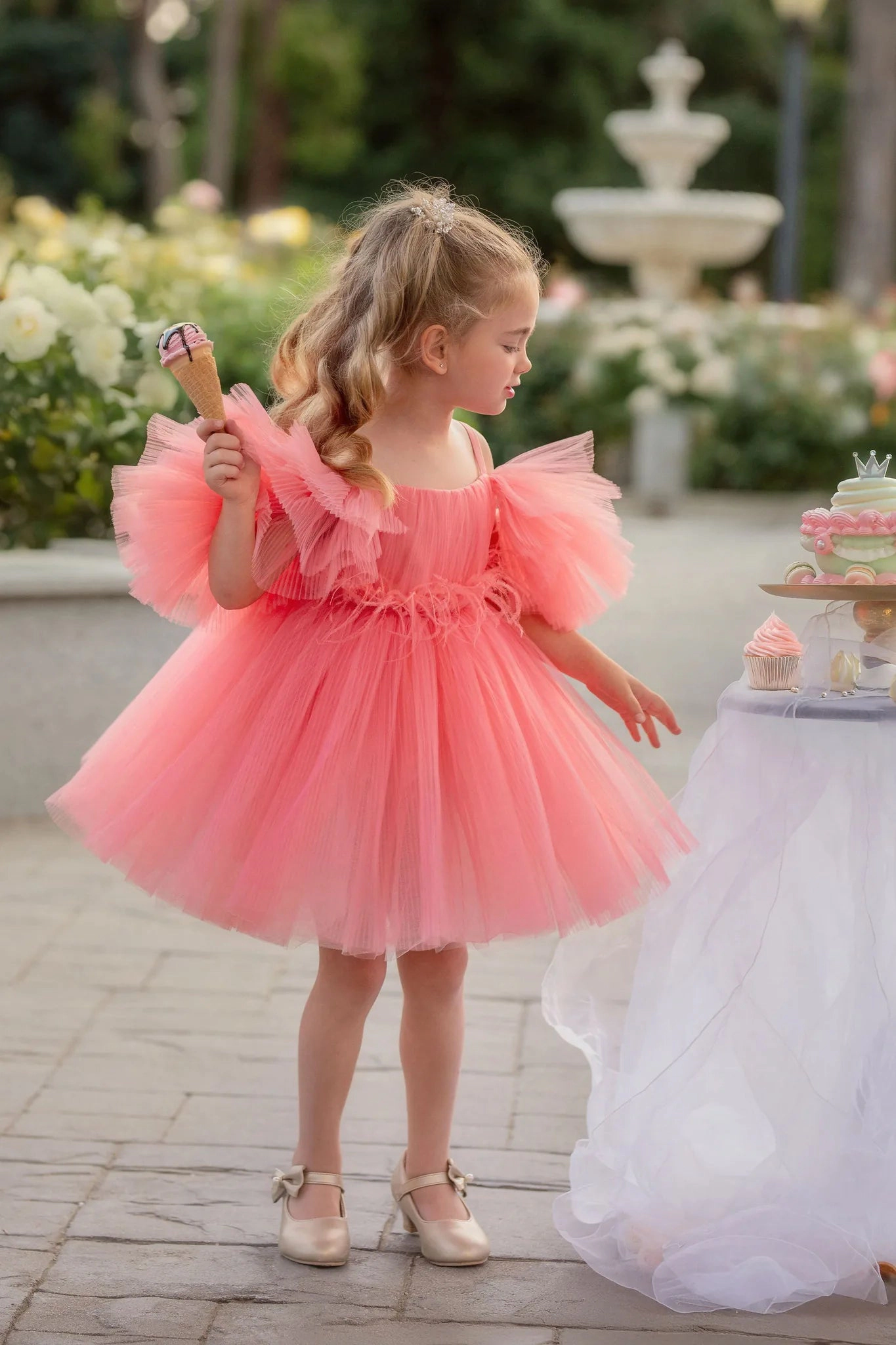 Faeella Girls Blush Feather Fairy Tulle Flower Girl Dress