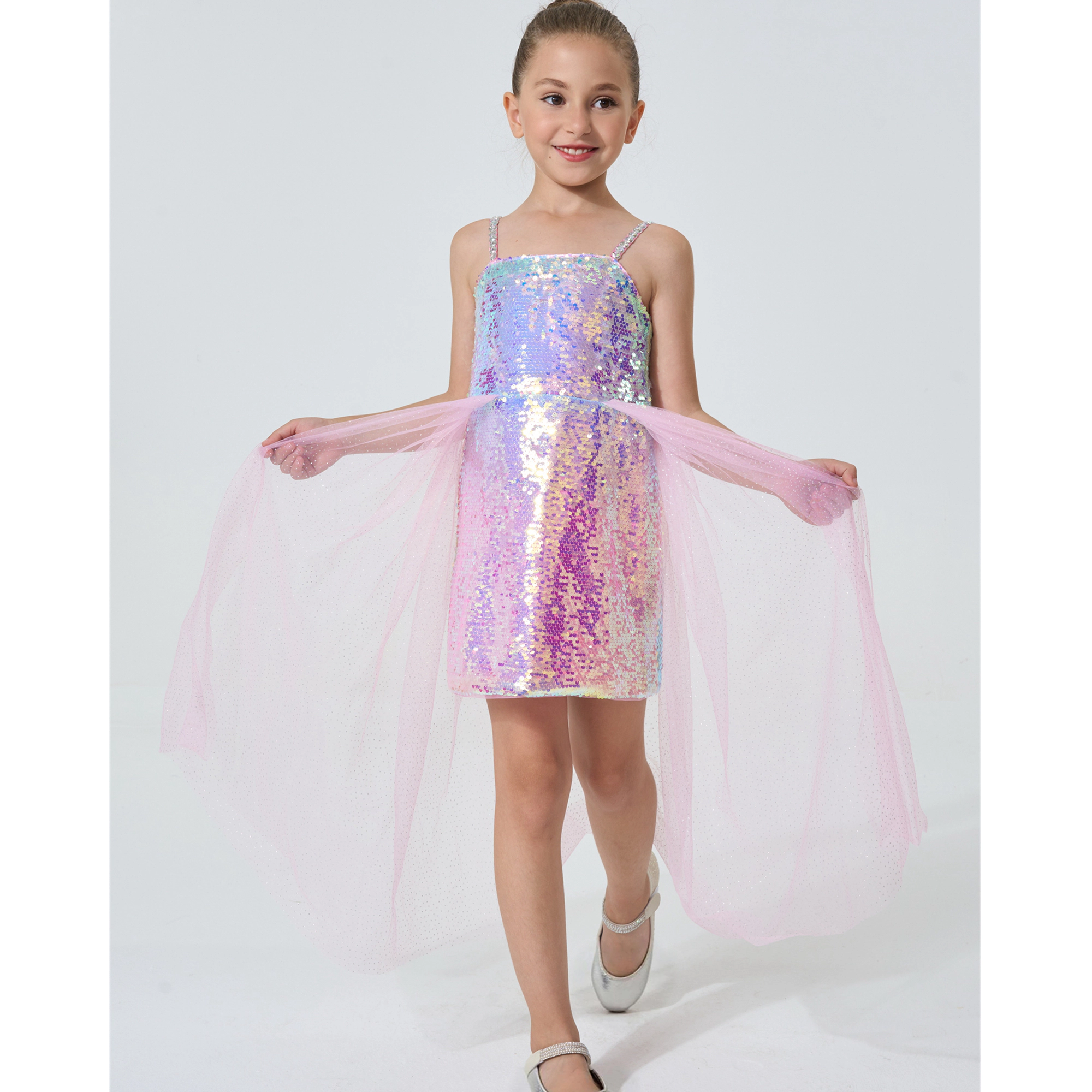 2Bunnies Girls' Ombre Sequin Dress with Tulle Waist Overskirt