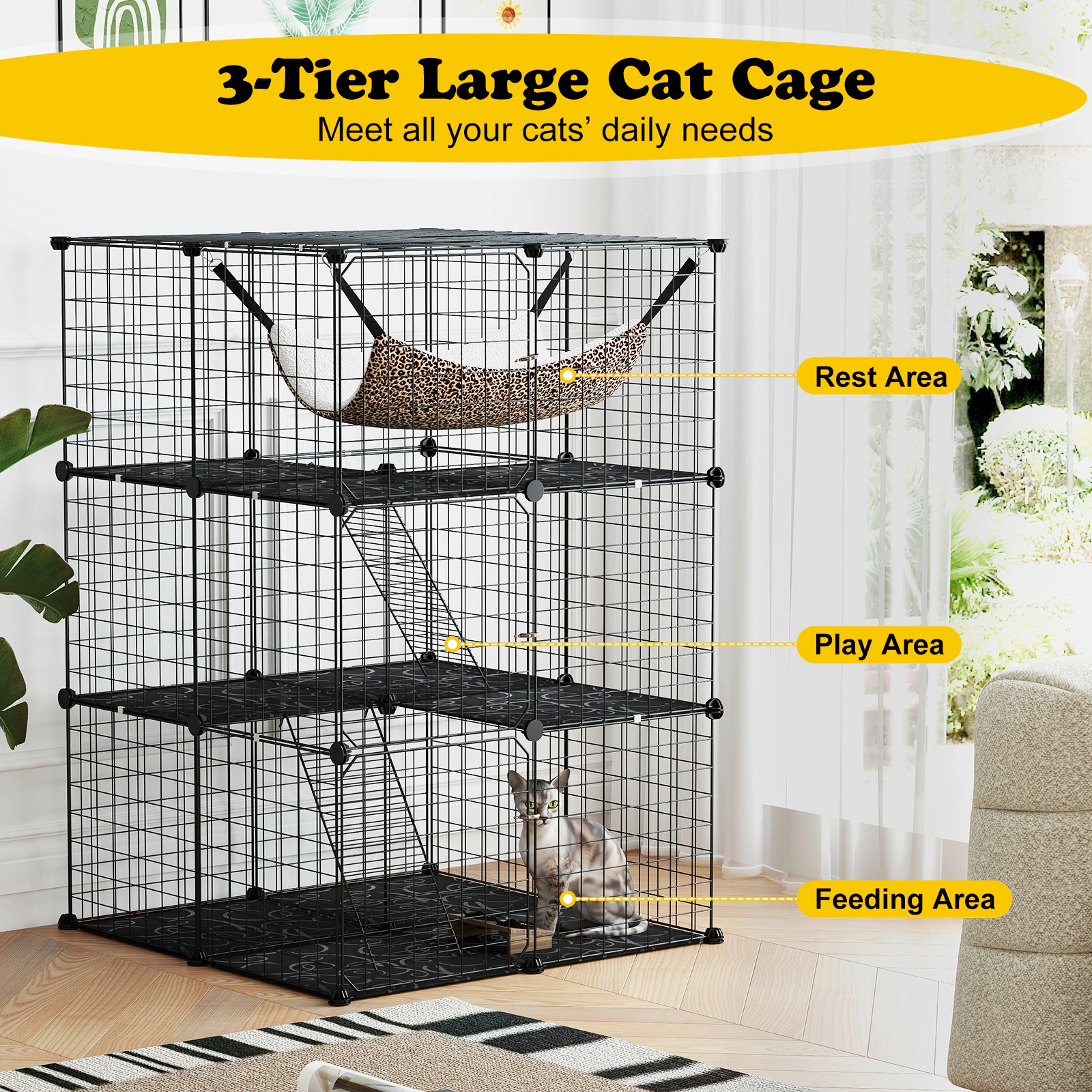 Glintex 3-Tier Indoor Cat Cage with Lockable Skylight Hammock and Modular Panels, Black