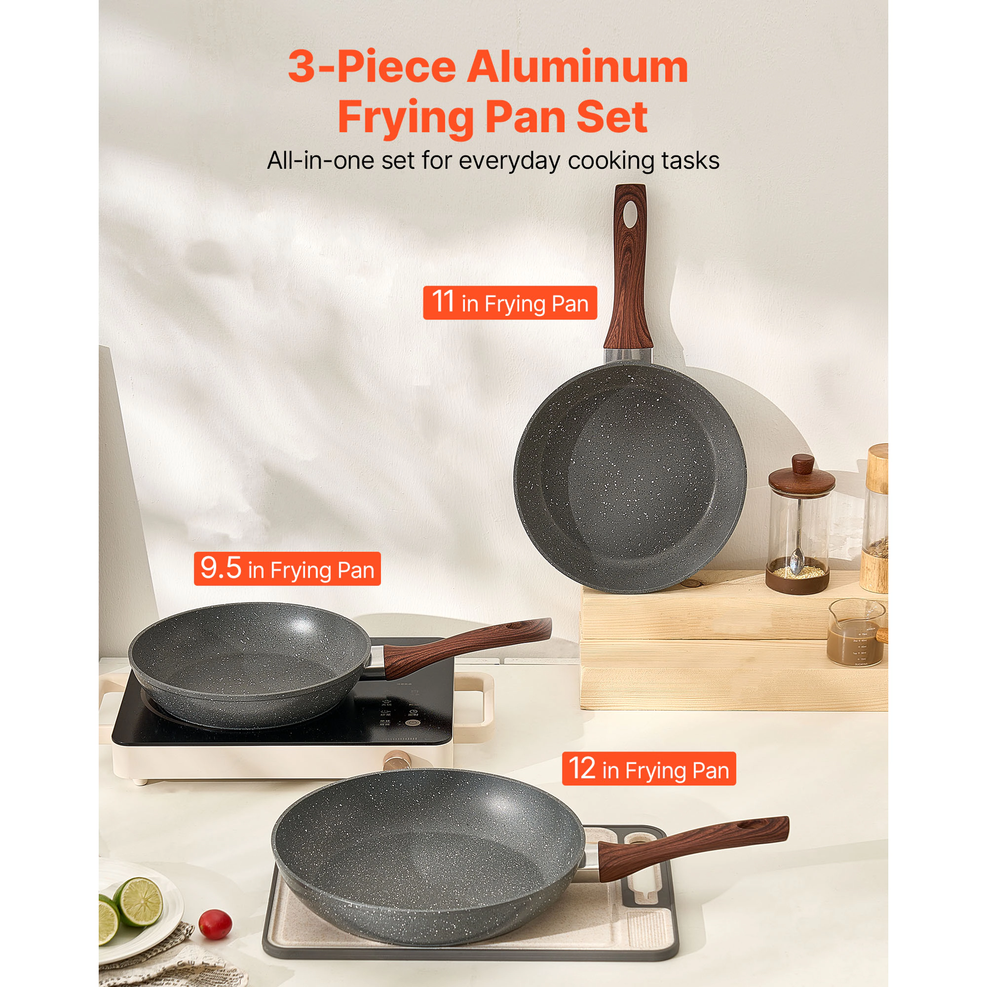 HONGGE 3-Piece Aluminum Nonstick Frying Pan Set, 9.5-12 Inch Gray Skillets with Heat-Resistant Handles
